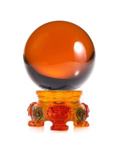 Bola de Cristal Ámbar 80mm Amlong con Soporte León Arcoíris