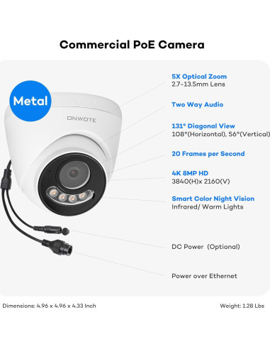 Cámara de Seguridad PoE 8MP 4K ONWOTE con Zoom 5X y Audio