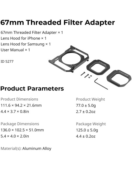 Adaptador de Filtro 67mm SMALLRIG con Capuchones para Smartphone