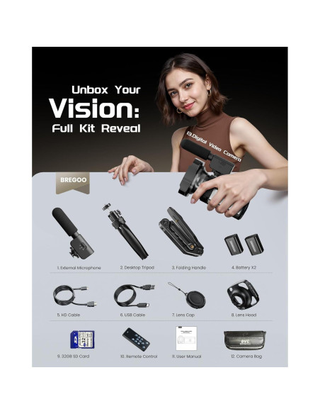 Cámara de Video 5K BREGOO con Pantalla Táctil 3" y Zoom 16X