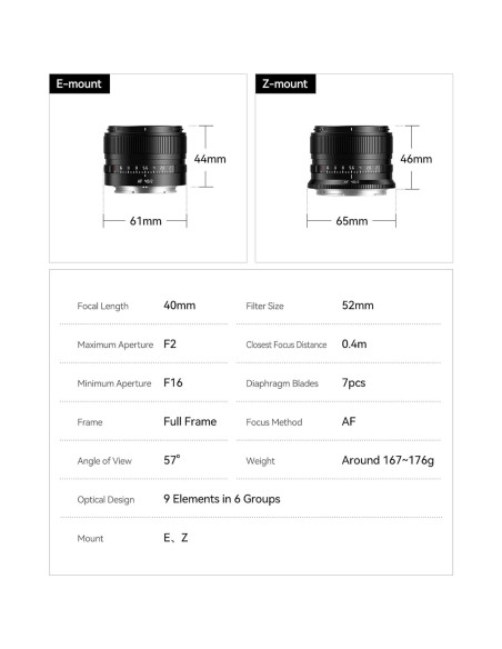 Lente TTARTISAN 40mm F2 para Sony E, enfoque automático