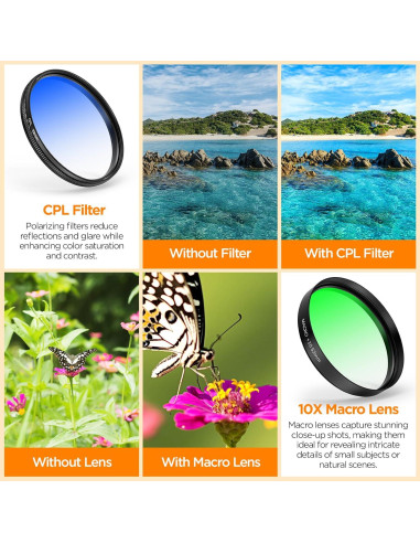 Kit de Filtros para Acuario ALILUSSO 52mm - CPL, Amarillo 20K, Naranja 15K, Macro 10x