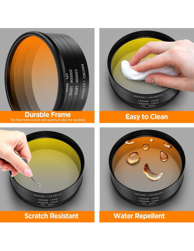 Kit de Filtros para Acuario ALILUSSO 52mm - CPL, Amarillo 20K, Naranja 15K, Macro 10x