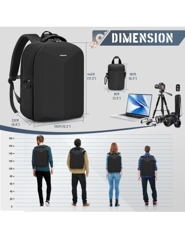 Mochila para cámara RAINSMORE negra con compartimento para laptop 15.6"