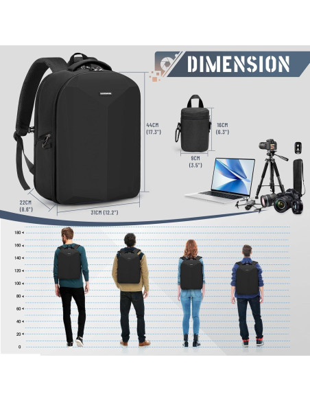 Mochila para cámara RAINSMORE negra con compartimento para laptop 15.6"