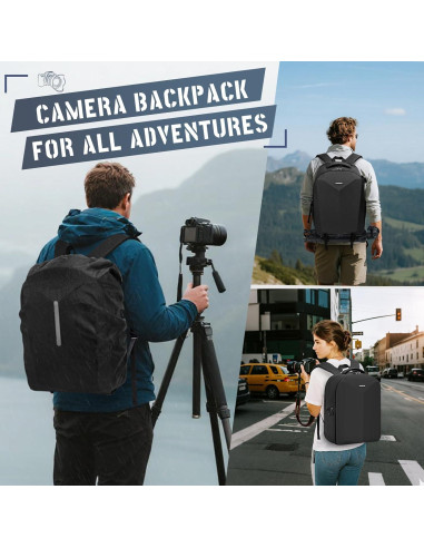 Mochila para cámara RAINSMORE negra con compartimento para laptop 15.6"