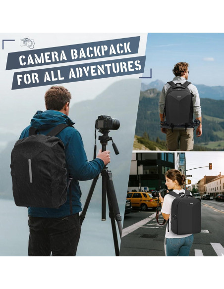 Mochila para cámara RAINSMORE negra con compartimento para laptop 15.6"