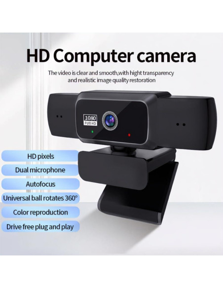 Webcam 1080P Genérico W10 con Micrófono y Lente Gran Angular