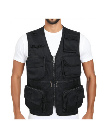 Chaleco de Pesca para Hombre Grande Negro con 15 Bolsillos