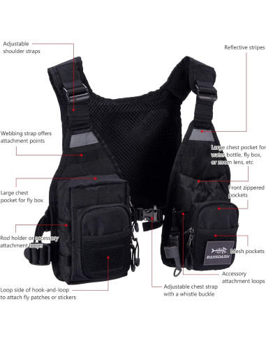 Chaleco de Pesca BASSDASH FV08 Ultra Ligero Unisex con 10 Bolsillos