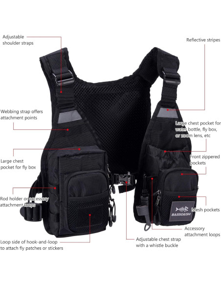 Chaleco de Pesca BASSDASH FV08 Ultra Ligero Unisex con 10 Bolsillos