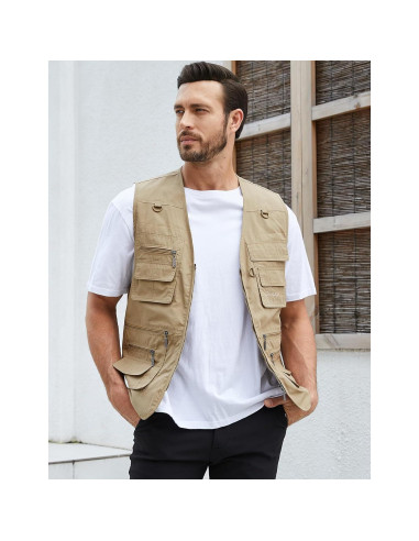 Chaleco de Pesca Gihuo para Hombre Caqui Ligero con Bolsillos