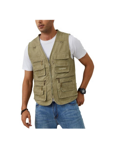 Chaleco de Pesca Gihuo para Hombres con 16 Bolsillos Beige
