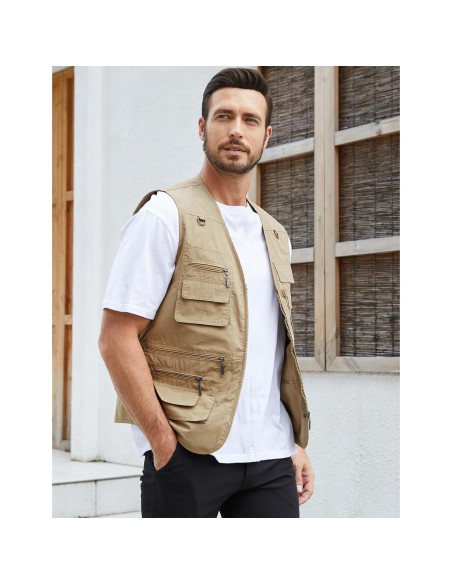 Chaleco de Pesca Gihuo para Hombre Caqui Ligero con Bolsillos