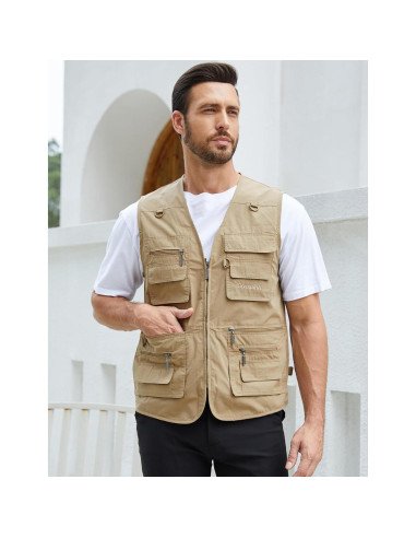 Chaleco de Pesca Gihuo para Hombre Caqui Ligero con Bolsillos