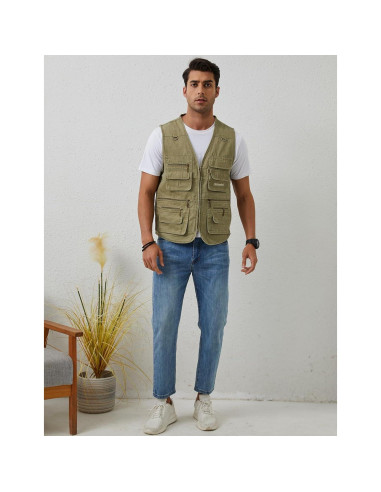 Chaleco de Pesca Gihuo para Hombres con 16 Bolsillos Beige