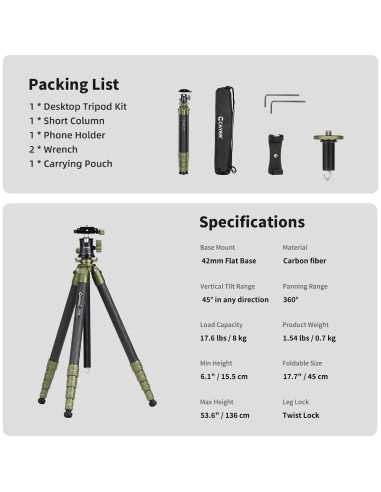 Trípode de Viaje Cayer CH35 de Fibra de Carbono 8 kg