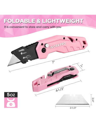 Cuchillo Utilitario Plegable WORKPRO Rosa con 10 Cuchillas