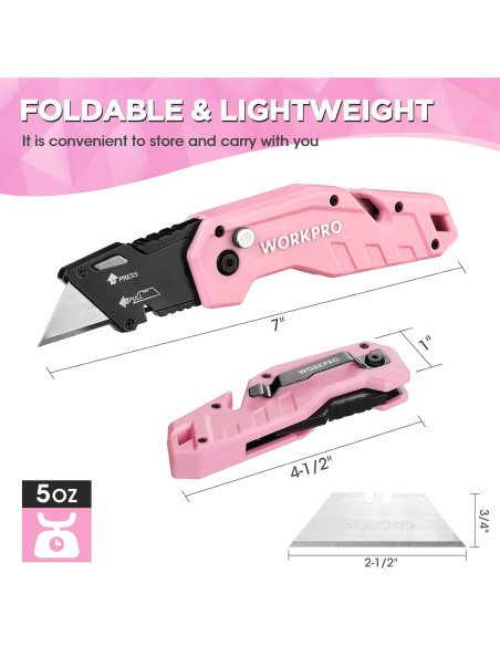 Cuchillo Utilitario Plegable WORKPRO Rosa con 10 Cuchillas Cuchillo Utilitario Plegable WORKPRO Rosa con 10 Cuchillas