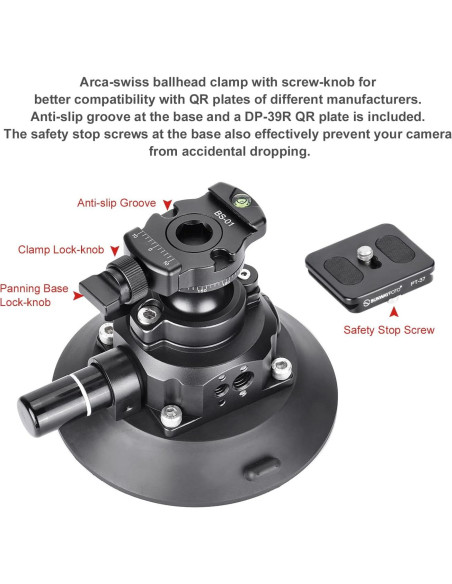 Soporte de Ventosa SUNWAYFOTO BS-01 para Cámara DSLR y GoPro
