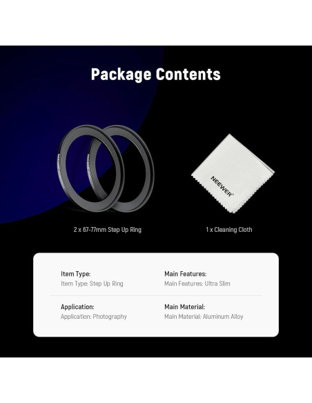 Adaptador de anillo de paso NEEWER 67-77mm con paño de limpieza