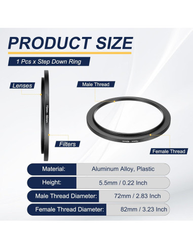 Adaptador de Anillo de Paso PATIKIL 72mm a 82mm Negro