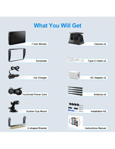 Cámara de Respaldo Solar Fookoo 7" Inalámbrica HD 1080P