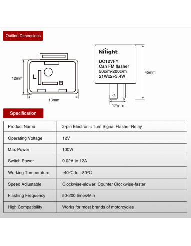 Relé Intermitente Electrónico Nilight 2 Pines 12V Ajustable