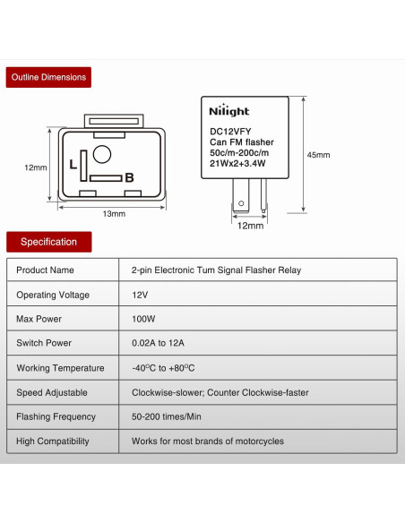 Relé Intermitente Electrónico Nilight 2 Pines 12V Ajustable
