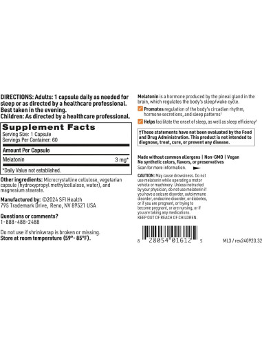 Melatonina 3 mg Klaire Labs - 60 Cápsulas Vegetarianas