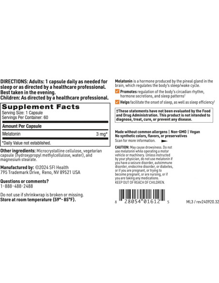 Melatonina 3 mg Klaire Labs - 60 Cápsulas Vegetarianas