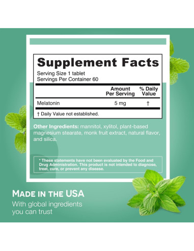 EZ Melts Melatonina Disoluble 5 mg Sin Azúcar 60 Tabletas Menta