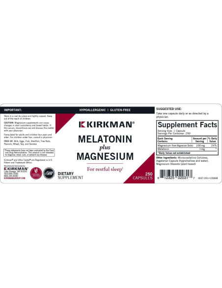 Cápsulas de Melatonina Plus Magnesio Kirkman - 250 Unidades