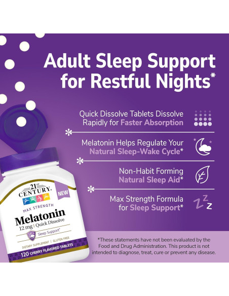 Melatonina 12 mg Siglo 21 Tabletas Rápidas Sabor Cereza 120 U.