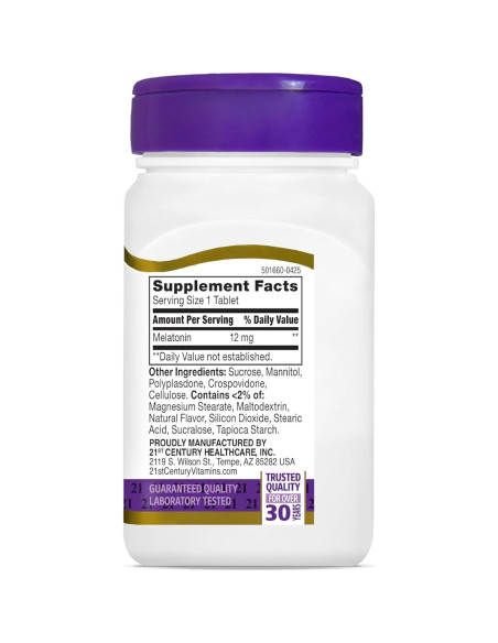 Melatonina 12 mg Siglo 21 Tabletas Rápidas Sabor Cereza 120 U.