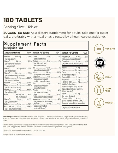 Multivitamina Solgar VM-75 180 Tabletas Veganas Sin Gluten