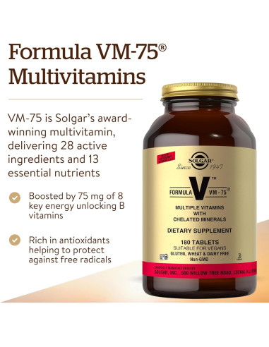 Multivitamina Solgar VM-75 180 Tabletas Veganas Sin Gluten