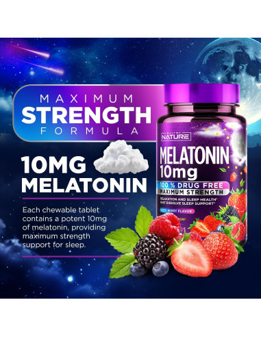 Melatonina 10mg Masticables Construidos por la Naturaleza - Sabor a Baya - 120 Tabletas
