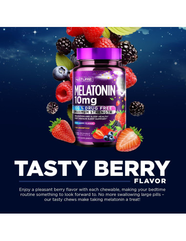 Melatonina 10mg Masticables Construidos por la Naturaleza - Sabor a Baya - 120 Tabletas