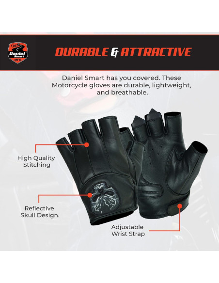 Guantes de Cuero Sin Dedos Daniel Smart para Hombre - Calavera Reflectante