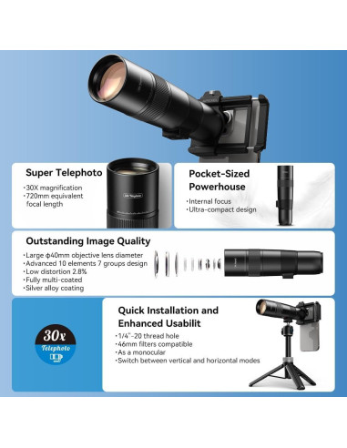 Lente Telefoto HD 30X APEXEL para iPhone y Smartphones