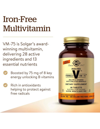 Multivitamina Sin Hierro Solgar VM-75 - 90 Tabletas Veganas