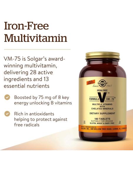 Multivitamínico Sin Hierro Solgar VM-75 - 180 Tabletas Veganas