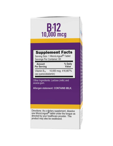 Vitamina B-12 Cianocobalamina Superior Source 10000 mcg 60 Tabletas
