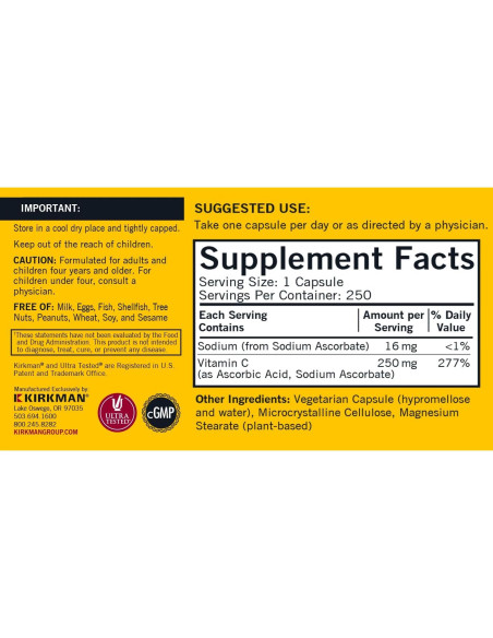 Vitamina C 250 mg Kirkman - 250 Cápsulas Hipoalergénicas