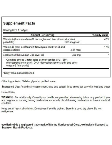 Aceite de Hígado de Bacalao Swanson 1250 IU A 250 Geles