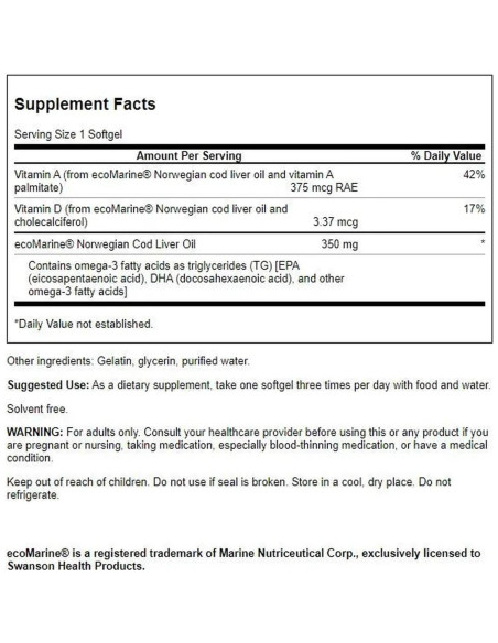 Aceite de Hígado de Bacalao Swanson 1250 IU A 250 Geles