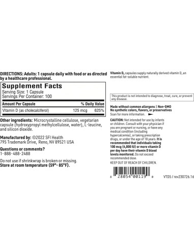 Vitamina D3 5000 UI Klaire Labs - 125 mcg - 100 cápsulas