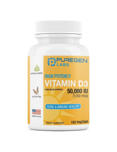 Vitamina D3 50,000 UI Puregen Labs 100 Cápsulas Vegetales