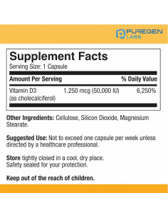 Vitamina D3 50,000 UI Puregen Labs 100 Cápsulas Vegetales 2